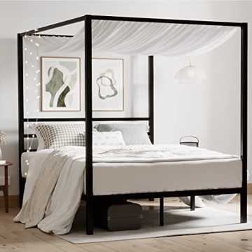 ikalido Queen Size Metal Canopy Bed Frame, Modern Four-Poster Platform Bed Frame, Mattress Foundatio...