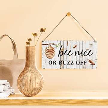 Bee Sign Farmhouse Bee Nice or Buzz off Wooden Hanging Sign Rustic Retro Wall Art Decor Home Office ...