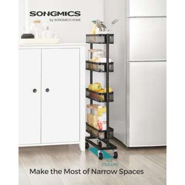 SONGMICS Slim Storage Cart, 4-Tier Metal Rolling Cart with Wheels, Flexible Baskets, Narrow Cart for...