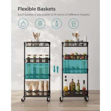 SONGMICS Slim Storage Cart, 4-Tier Metal Rolling Cart with Wheels, Flexible Baskets, Narrow Cart for Kitchen, Bathroom, Laundry Room, Easy Assembly, Black UBSC065B01