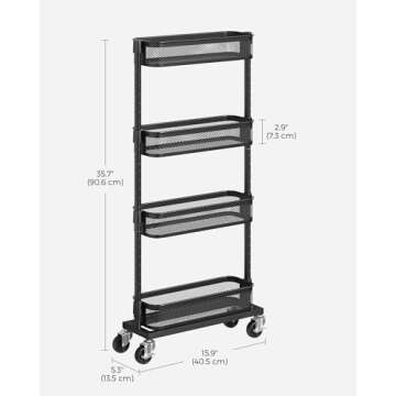 SONGMICS Slim Storage Cart, 4-Tier Metal Rolling Cart with Wheels, Flexible Baskets, Narrow Cart for Kitchen, Bathroom, Laundry Room, Easy Assembly, Black UBSC065B01
