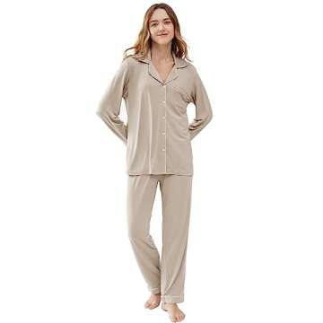 Joyaria Womens Button Down Pajamas Set Long Sleeve Viscose Pjs Set(Cream,L)