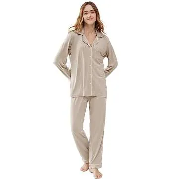 Joyaria Womens Button Down Pajamas Set Long Sleeve Viscose Pjs Set(Cream,L)
