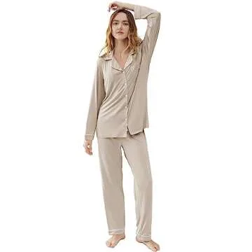 Joyaria Womens Button Down Pajamas Set Long Sleeve Viscose Pjs Set(Cream,L)