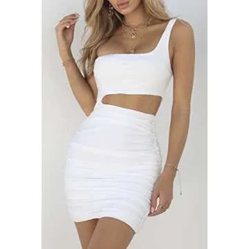 CHYRII Women One Shulder Bodycon Ruched Sleeveless Sexy Short Club Dress White XS