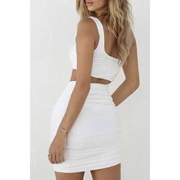 CHYRII Women One Shulder Bodycon Ruched Sleeveless Sexy Short Club Dress White XS
