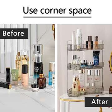 shuang qing 3-Tier Corner Bathroom Counter Organizer, Countertop Perfume Tray and Vanity Organizer, Makeup Cosmetic Storage, Corner Storage Organizers for Bathroom, Dresser,Kitchen (Grey)