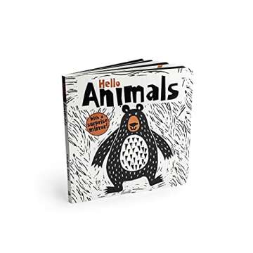 Hello Animals (Happy Fox Books) Baby's First Book, with High-Contrast Critters like a Rabbit, Bear, Chameleon, Monkey, Crocodile, Elephant, Lion, Moose, Sloth, Snail, and Frog, plus a Surprise Mirror