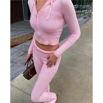 Women’s Ribbed Knit 2Pcs Outfits Long Sleeve Zip Up Hooded Sweater Top Flare Skinny Pants Set Y2K Loungewear Set (Pink S)