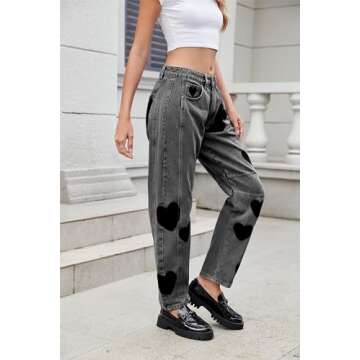 LifeShe Women's Wide Leg Baggy Jeans Low Waist Heart Barrel Loose Denim Pants Black