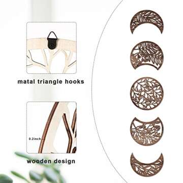 Jetec 5 Pcs Moon Phase Wall Decor Hanging Wooden Moon Phase Wall Art Nordic Art Boho Decor for Room Bar Ornament(Brown,10.6 Inch)