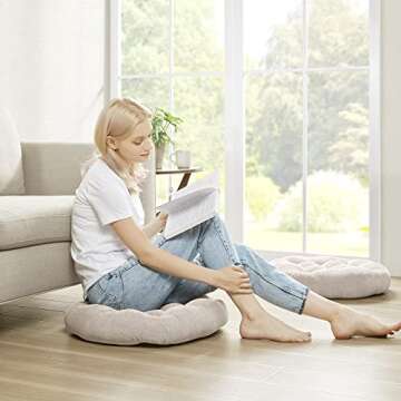 Meditation Floor Pillow Set of 2, Round Large Pillows Seating for Adults, Tufted Corduroy Cushion for Living Room Tatami, Beige 22 Inch