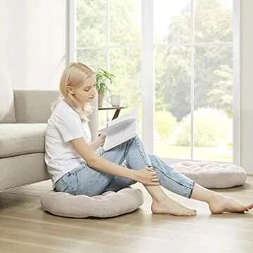 Meditation Floor Pillow Set of 2, Round Large Pillows Seating for Adults, Tufted Corduroy Cushion for Living Room Tatami, Beige 22 Inch