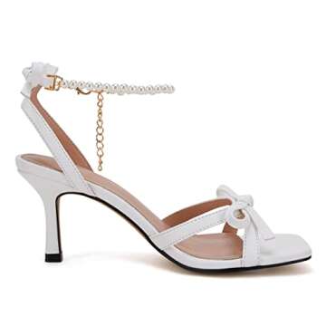 Ermonn Womens Pearl Kitten White Heels Sandals Dress Ankle Strap Sandals Stiletto Open Toe Wedding Party Pumps Shoes Size 7.5