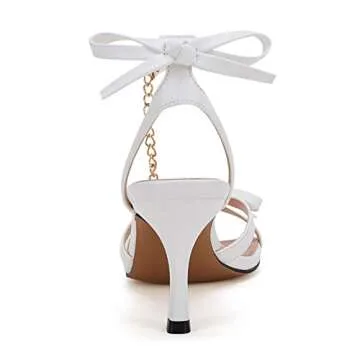 Ermonn Womens Pearl Kitten White Heels Sandals Dress Ankle Strap Sandals Stiletto Open Toe Wedding Party Pumps Shoes Size 7.5
