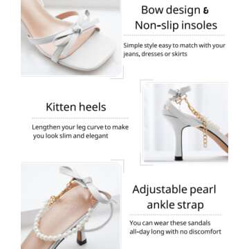 Ermonn Womens Pearl Kitten White Heels Sandals Dress Ankle Strap Sandals Stiletto Open Toe Wedding Party Pumps Shoes Size 7.5