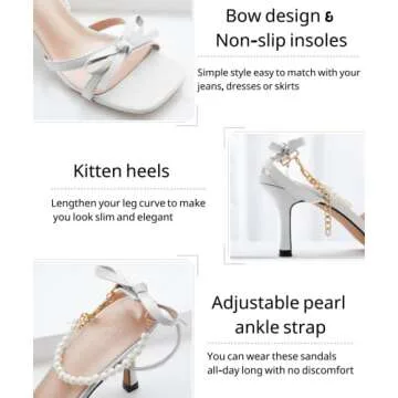 Ermonn Womens Pearl Kitten White Heels Sandals Dress Ankle Strap Sandals Stiletto Open Toe Wedding Party Pumps Shoes Size 7.5