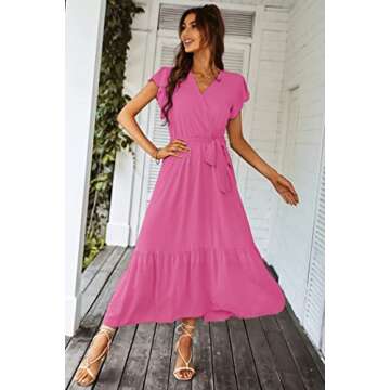 PRETTYGARDEN Women's Summer Floral Boho Dress Wrap V Neck Short Sleeve Ruffle A-Line Flowy Maxi Wedding Guest Dresses (Solid Rose Red,Medium)