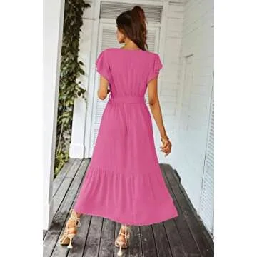 PRETTYGARDEN Women's Summer Floral Boho Dress Wrap V Neck Short Sleeve Ruffle A-Line Flowy Maxi Wedding Guest Dresses (Solid Rose Red,Medium)