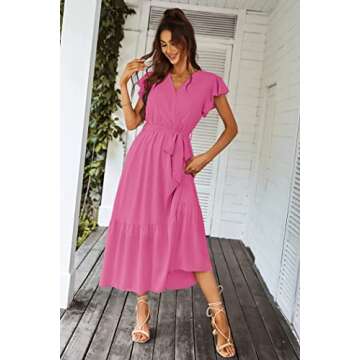 PRETTYGARDEN Women's Summer Floral Boho Dress Wrap V Neck Short Sleeve Ruffle A-Line Flowy Maxi Wedding Guest Dresses (Solid Rose Red,Medium)