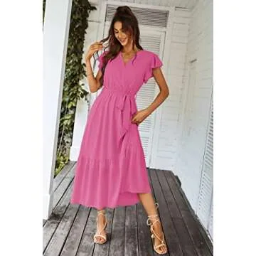 PRETTYGARDEN Women's Summer Floral Boho Dress Wrap V Neck Short Sleeve Ruffle A-Line Flowy Maxi Wedding Guest Dresses (Solid Rose Red,Medium)