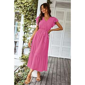 PRETTYGARDEN Women's Summer Floral Boho Dress Wrap V Neck Short Sleeve Ruffle A-Line Flowy Maxi Wedding Guest Dresses (Solid Rose Red,Medium)