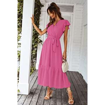 PRETTYGARDEN Women's Summer Floral Boho Dress Wrap V Neck Short Sleeve Ruffle A-Line Flowy Maxi Wedding Guest Dresses (Solid Rose Red,Medium)