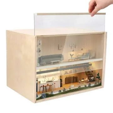 iLAND Large Wood Display Box for Diorama, Figure, Collectible, Miniature Also a Dollhouse Roombox, Unfinished 15.7“x 11”x11“, Quick-Build Without Screws or Glue, Dustproof & Smooth & Sturdy