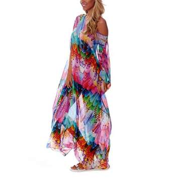 Maxi Cover Ups Kimono for Women Chiffon Swimsuit Turkish Kaftan Beach Dresses Robe Cover Up Feather Printed Multi-Colored (351)