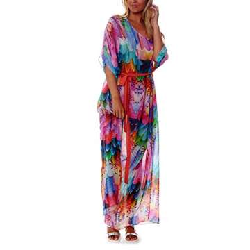 Maxi Cover Ups Kimono for Women Chiffon Swimsuit Turkish Kaftan Beach Dresses Robe Cover Up Feather Printed Multi-Colored (351)