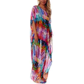 Maxi Cover Ups Kimono for Women Chiffon Swimsuit Turkish Kaftan Beach Dresses Robe Cover Up Feather Printed Multi-Colored (351)