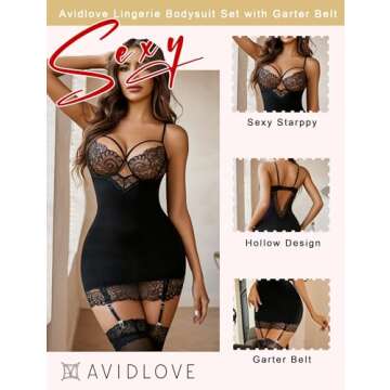 Avidlove Women Lingerie Teddy Bodysuit with Garter Belt Lace Babydoll Full Slips Black