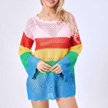 Fabumily Women Crochet Knit Mini Dress Long Sleeve Colorful Mesh Cover Ups Casual Sweater Dress Summ...