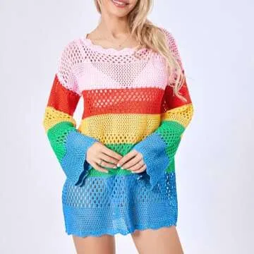 Fabumily Women Crochet Knit Mini Dress Long Sleeve Colorful Mesh Cover Ups Casual Sweater Dress Summ...