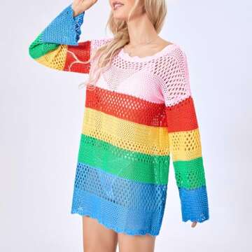 Fabumily Women Crochet Knit Mini Dress Long Sleeve Colorful Mesh Cover Ups Casual Sweater Dress Summer Beach Wear (C2- Colorful, S)