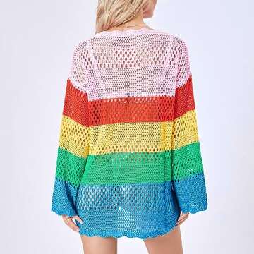 Fabumily Women Crochet Knit Mini Dress Long Sleeve Colorful Mesh Cover Ups Casual Sweater Dress Summer Beach Wear (C2- Colorful, S)