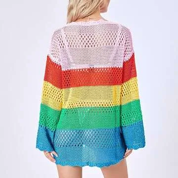 Fabumily Women Crochet Knit Mini Dress Long Sleeve Colorful Mesh Cover Ups Casual Sweater Dress Summer Beach Wear (C2- Colorful, S)