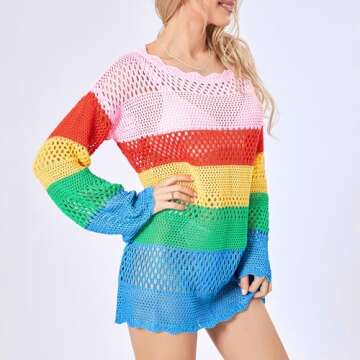 Fabumily Women Crochet Knit Mini Dress Long Sleeve Colorful Mesh Cover Ups Casual Sweater Dress Summer Beach Wear (C2- Colorful, S)