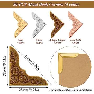 Bewudy 80 Pcs Metal Book Corner Protector, 4 Colors Vintage Iron Book Corner Protector for Scrapbook...