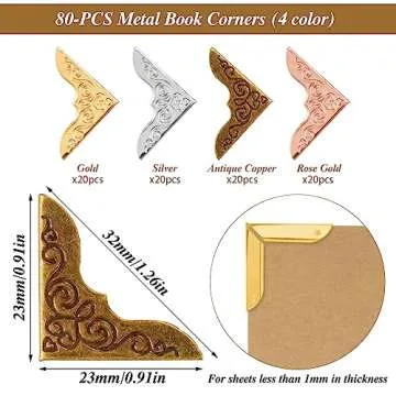 Bewudy 80 Pcs Metal Book Corner Protector, 4 Colors Vintage Iron Book Corner Protector for Scrapbook...