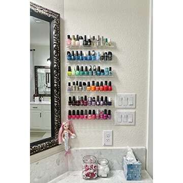 NIUBEE 6 Pack Nail Polish Rack Wall Mounted Shelf with Removable Anti-slip End Inserts, Clear Acrylic Nail Polish Organizer Display 90 Bottles