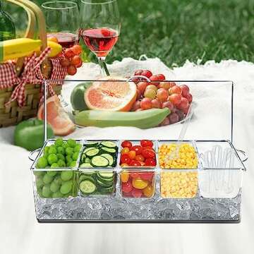 BETSO Condiment Server with Ice Tray,Ice Chilled 5 Compartment Condiment Server Caddy,Chilled Caddy,Condiment Servers for Parties,Included 3 Serving Spoons+3 Tongs