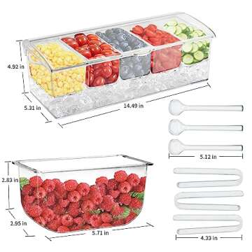 BETSO Condiment Server with Ice Tray,Ice Chilled 5 Compartment Condiment Server Caddy,Chilled Caddy,Condiment Servers for Parties,Included 3 Serving Spoons+3 Tongs