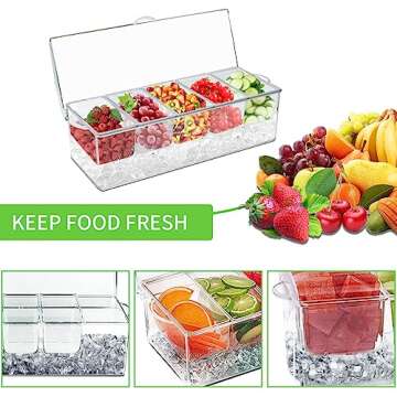 BETSO Condiment Server with Ice Tray,Ice Chilled 5 Compartment Condiment Server Caddy,Chilled Caddy,Condiment Servers for Parties,Included 3 Serving Spoons+3 Tongs