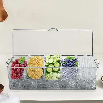 BETSO Condiment Server with Ice Tray,Ice Chilled 5 Compartment Condiment Server Caddy,Chilled Caddy,Condiment Servers for Parties,Included 3 Serving Spoons+3 Tongs