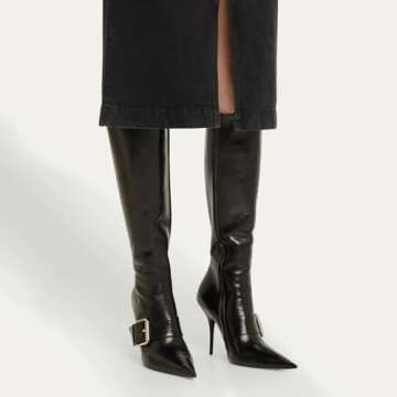 Women's Zipper Knee High Boots Pointed Toe Buckle Strap Fashion Hand Made Leather High Heels Boots For Lady