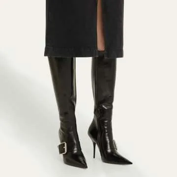 Women's Zipper Knee High Boots Pointed Toe Buckle Strap Fashion Hand Made Leather High Heels Boots For Lady