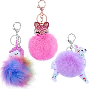 Fluffy Animal Pom Pom Keychain Set for Women