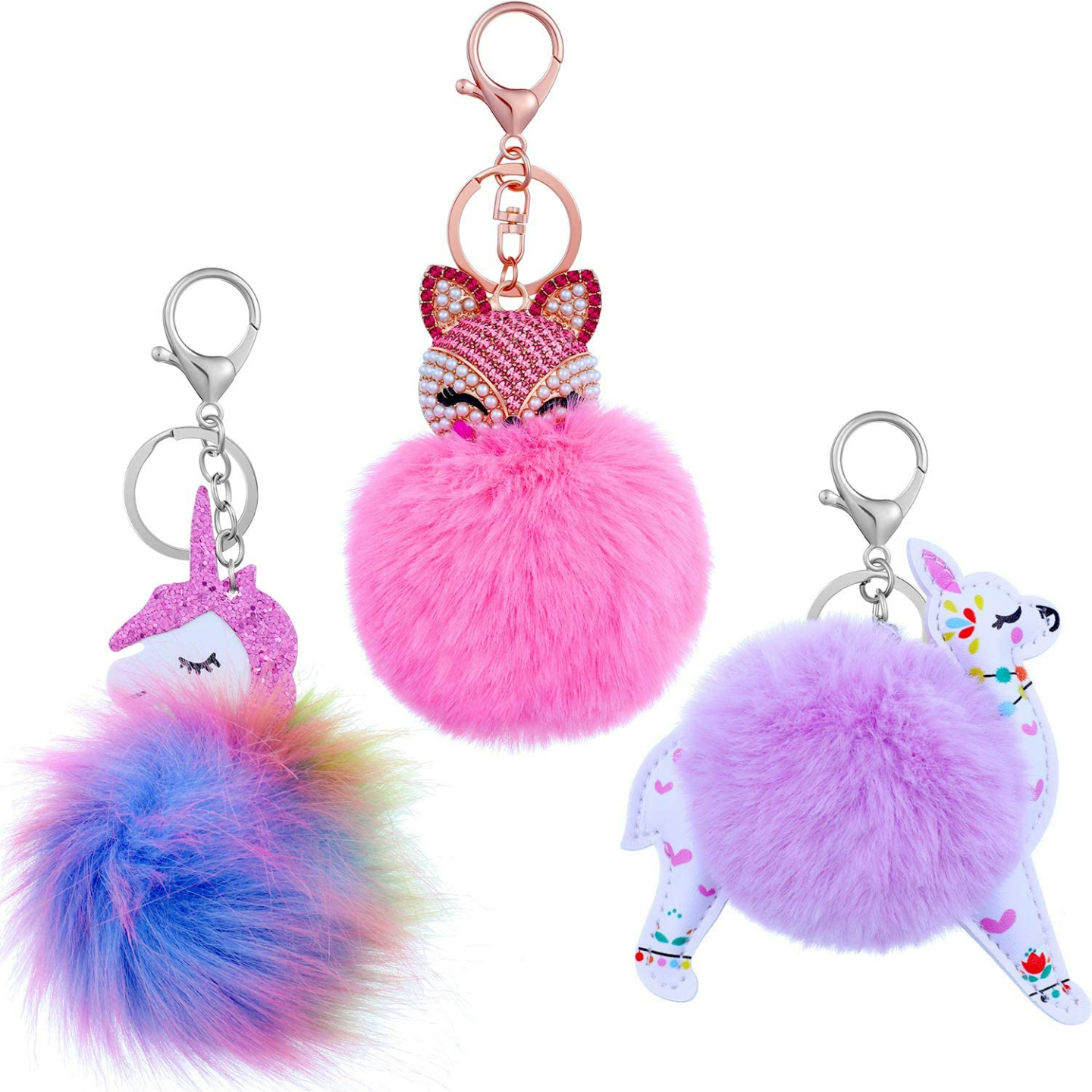 Fluffy Animal Pom Pom Keychain Set for Women