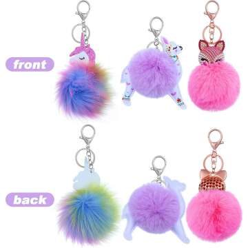 Fluffy Animal Pom Pom Keychain Set for Women